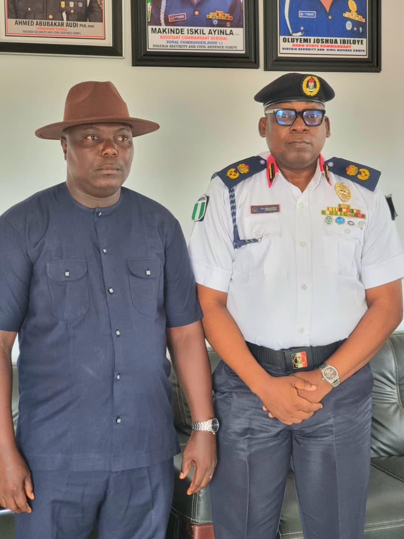 Special Assistant to Ondo Governor on Pipelines Surveillance and Waterways Security, Hon. Engr. Alore Omosuyi, CEO of Charpman Security Services, Pays Courtesy Visit to NSCDC Commandant Ibiloye Oluyemi at NSCDC Headquarters, Akure